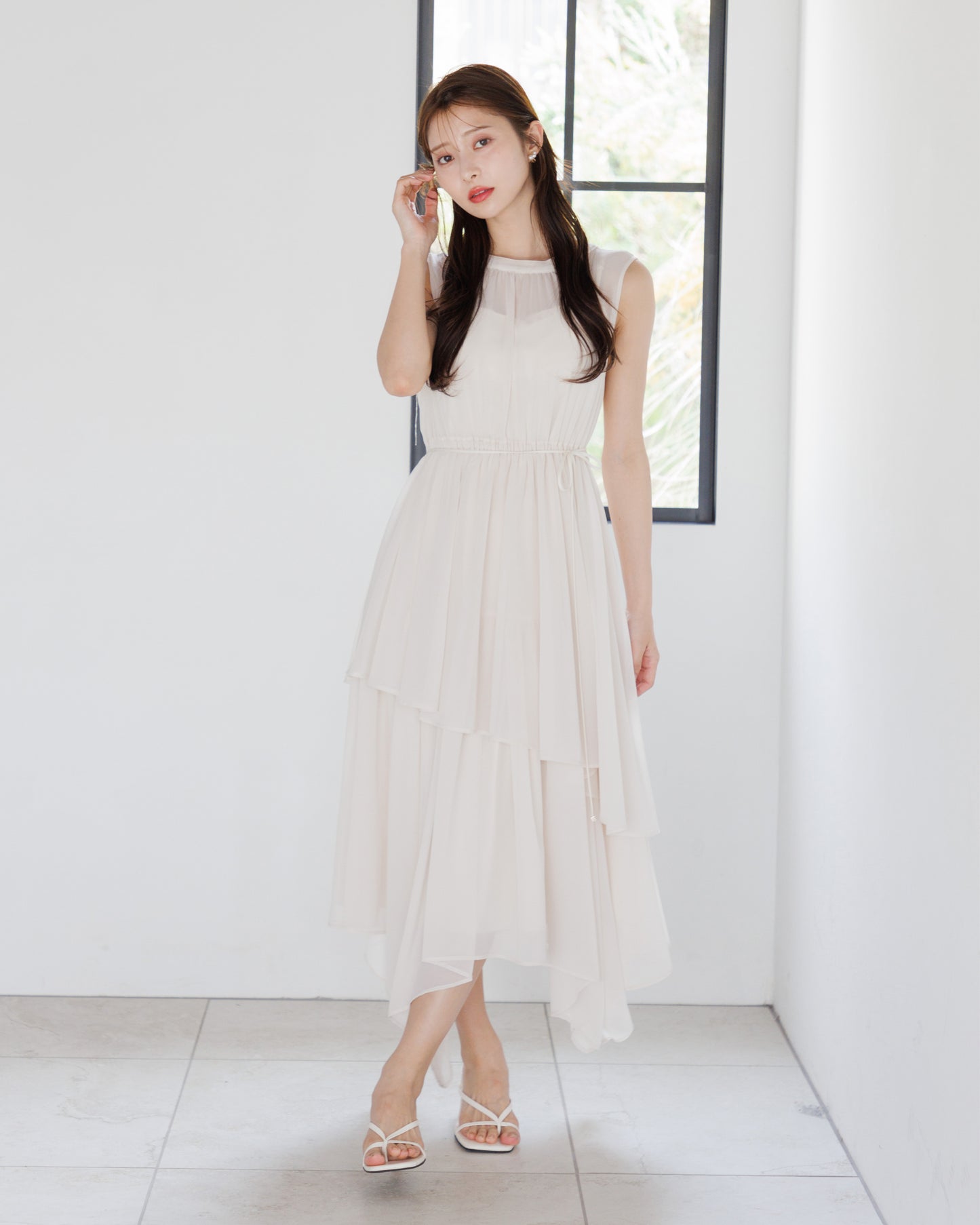 【アイボリー/予約販売】ノースリーブシフォンギャザーワンピース