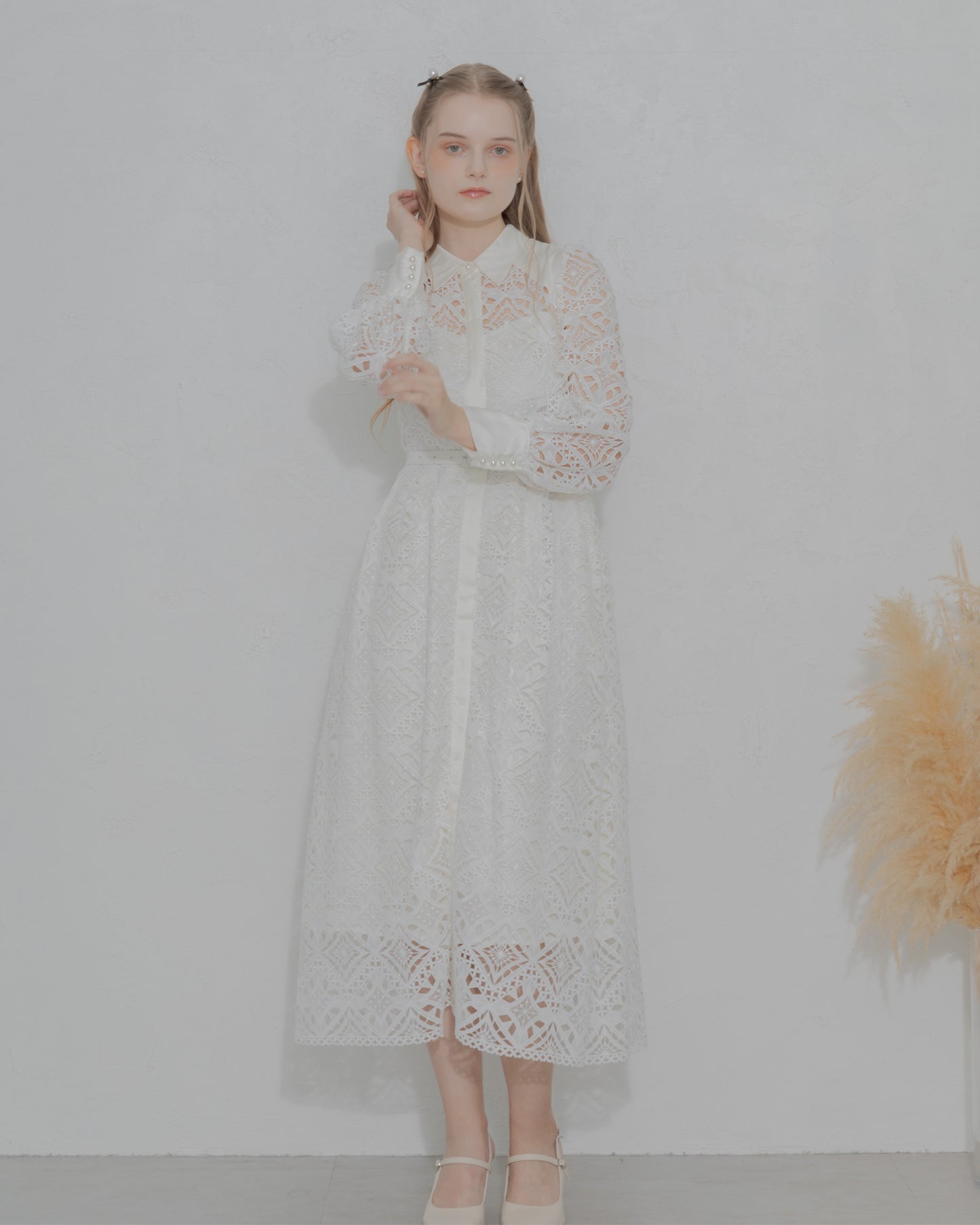 【20%OFF】Chemical lace satin shirt dress