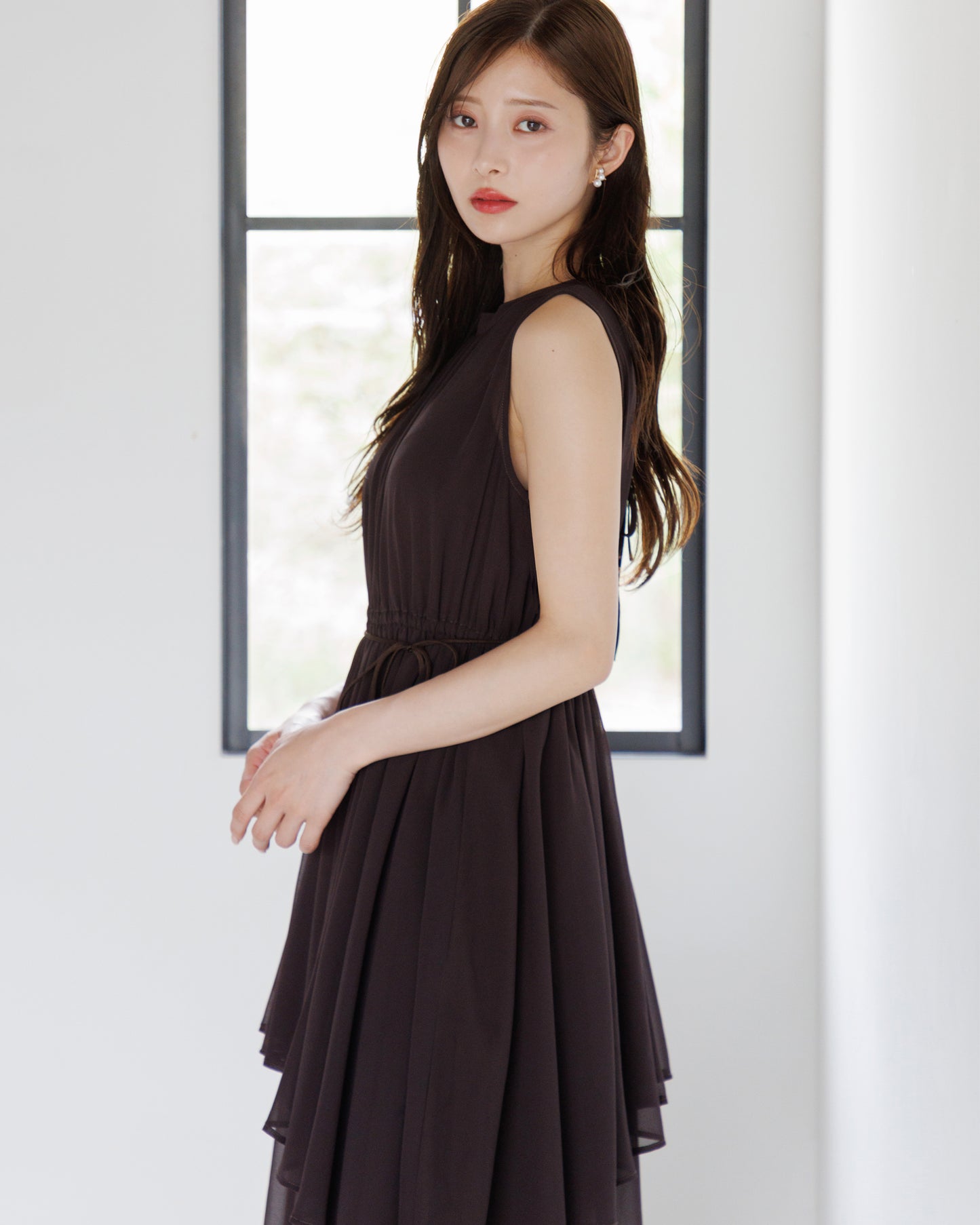 【アイボリー/予約販売】ノースリーブシフォンギャザーワンピース