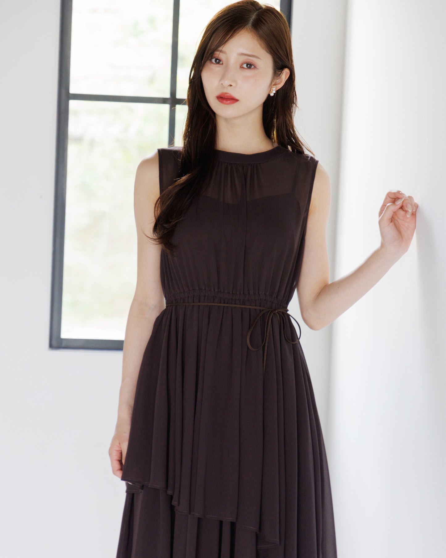 【30%OFF】ノースリーブシフォンギャザーワンピース