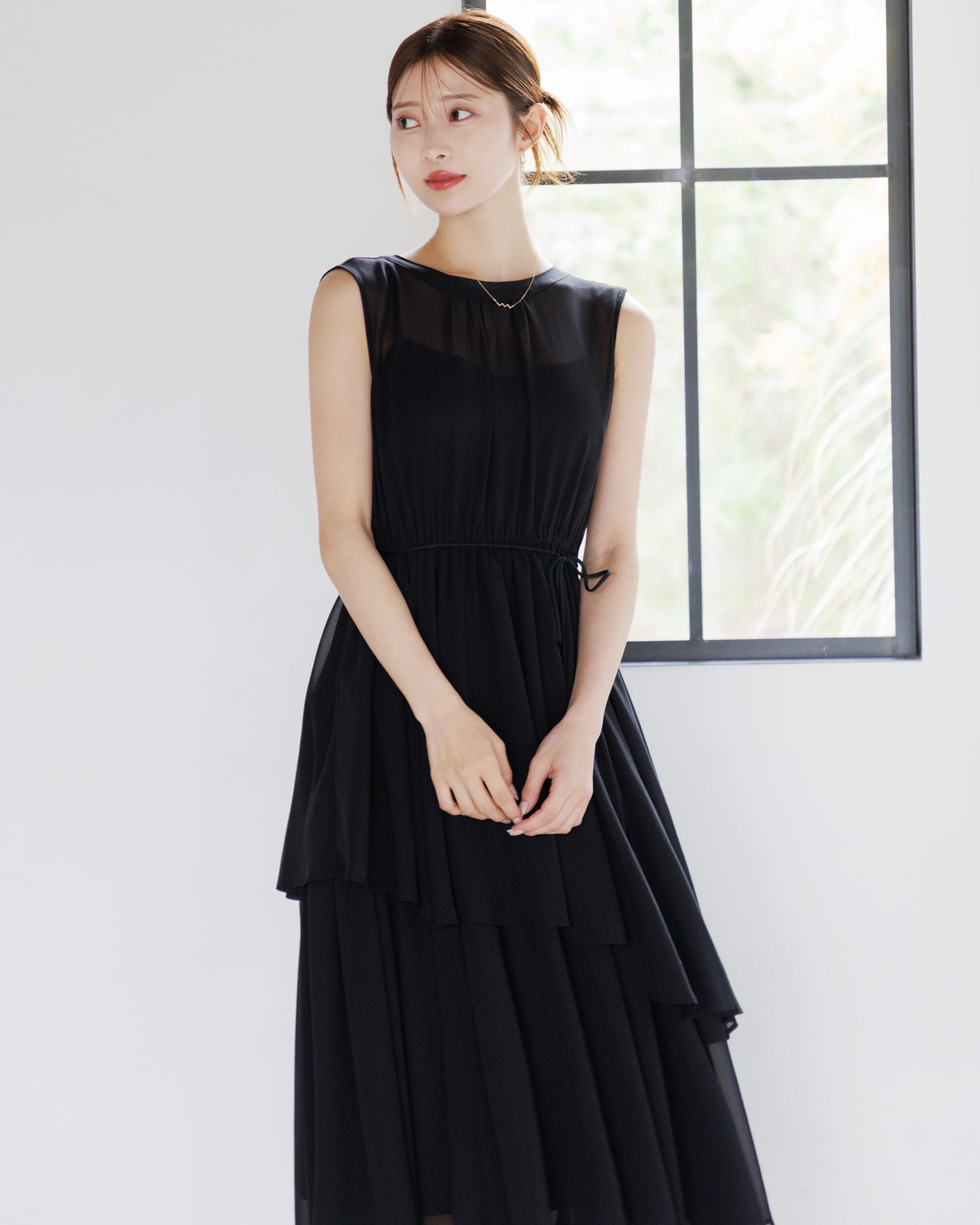 【アイボリー/予約販売】ノースリーブシフォンギャザーワンピース