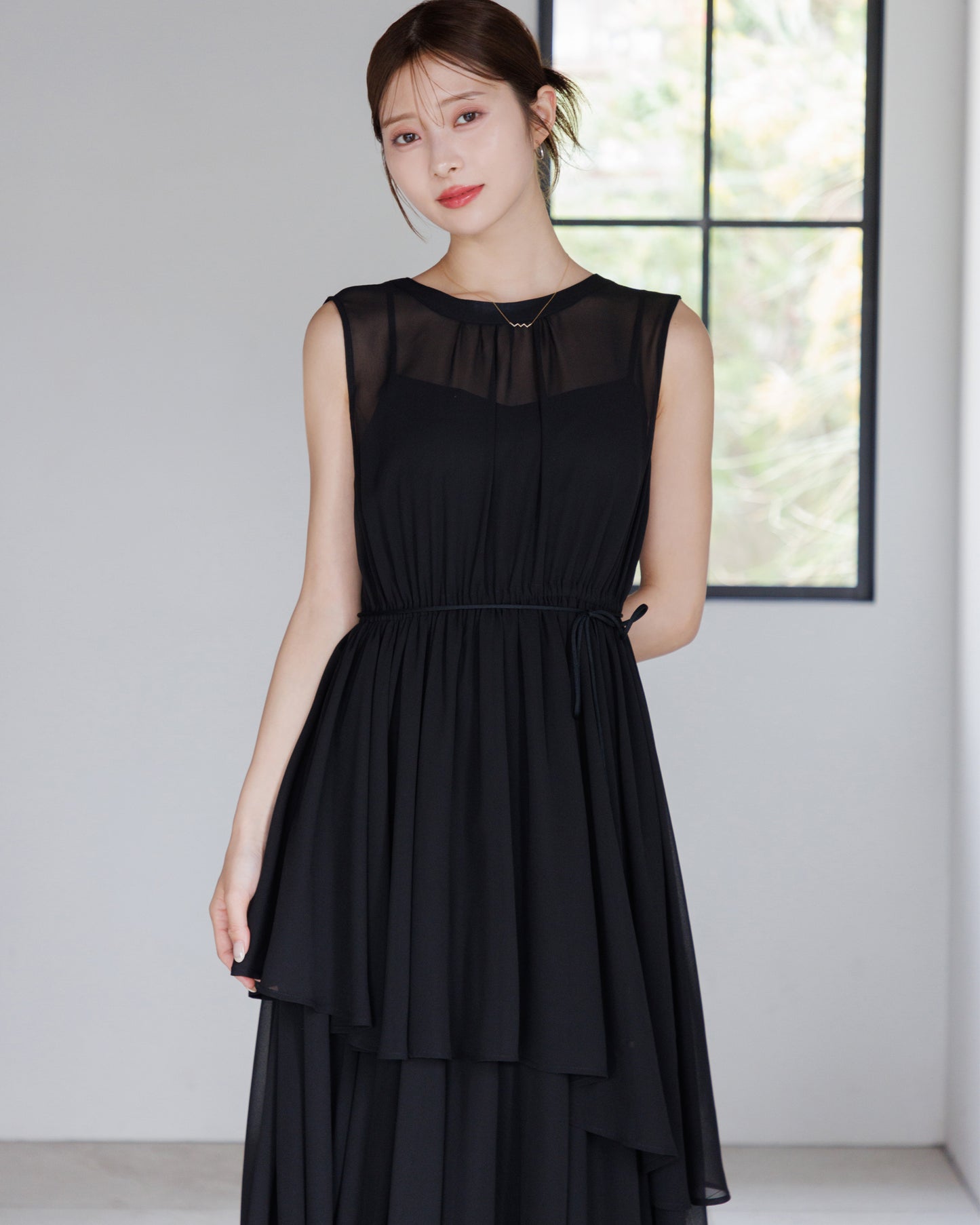 【アイボリー/予約販売】ノースリーブシフォンギャザーワンピース