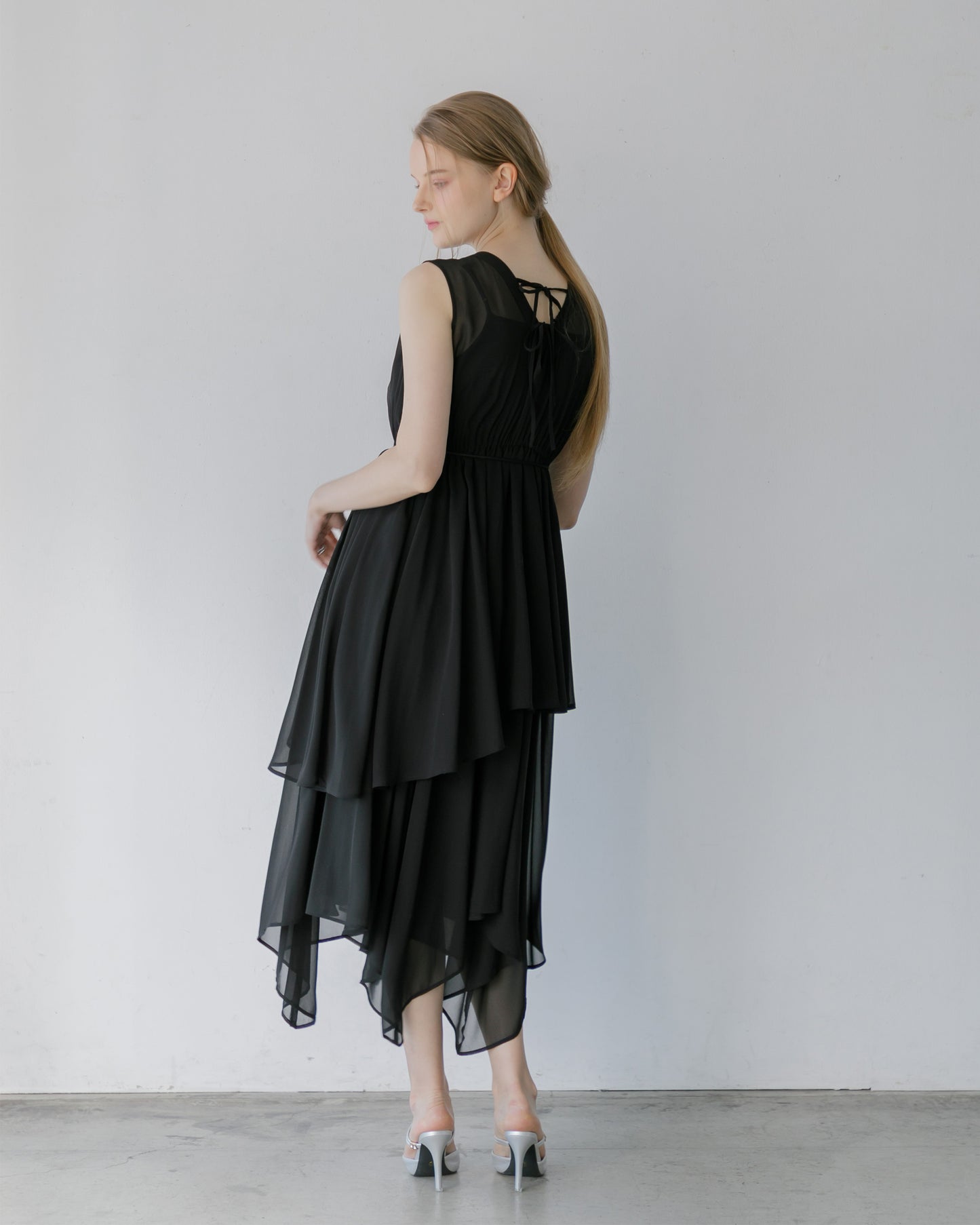 【アイボリー/予約販売】ノースリーブシフォンギャザーワンピース