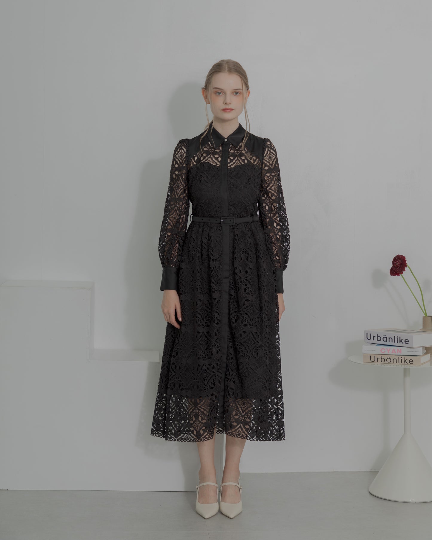 【20%OFF】Chemical lace satin shirt dress