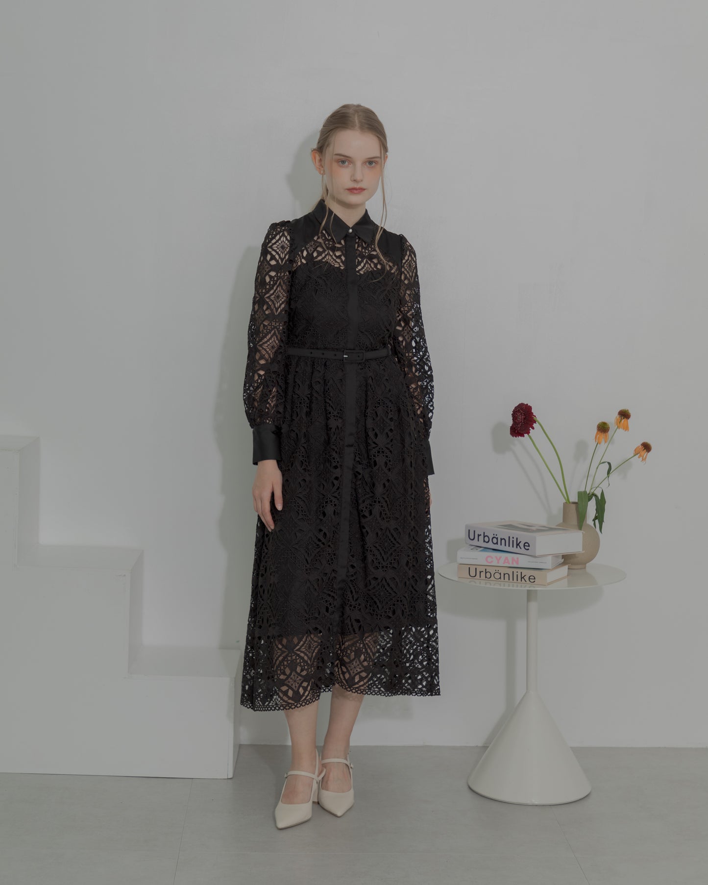 【20%OFF】Chemical lace satin shirt dress