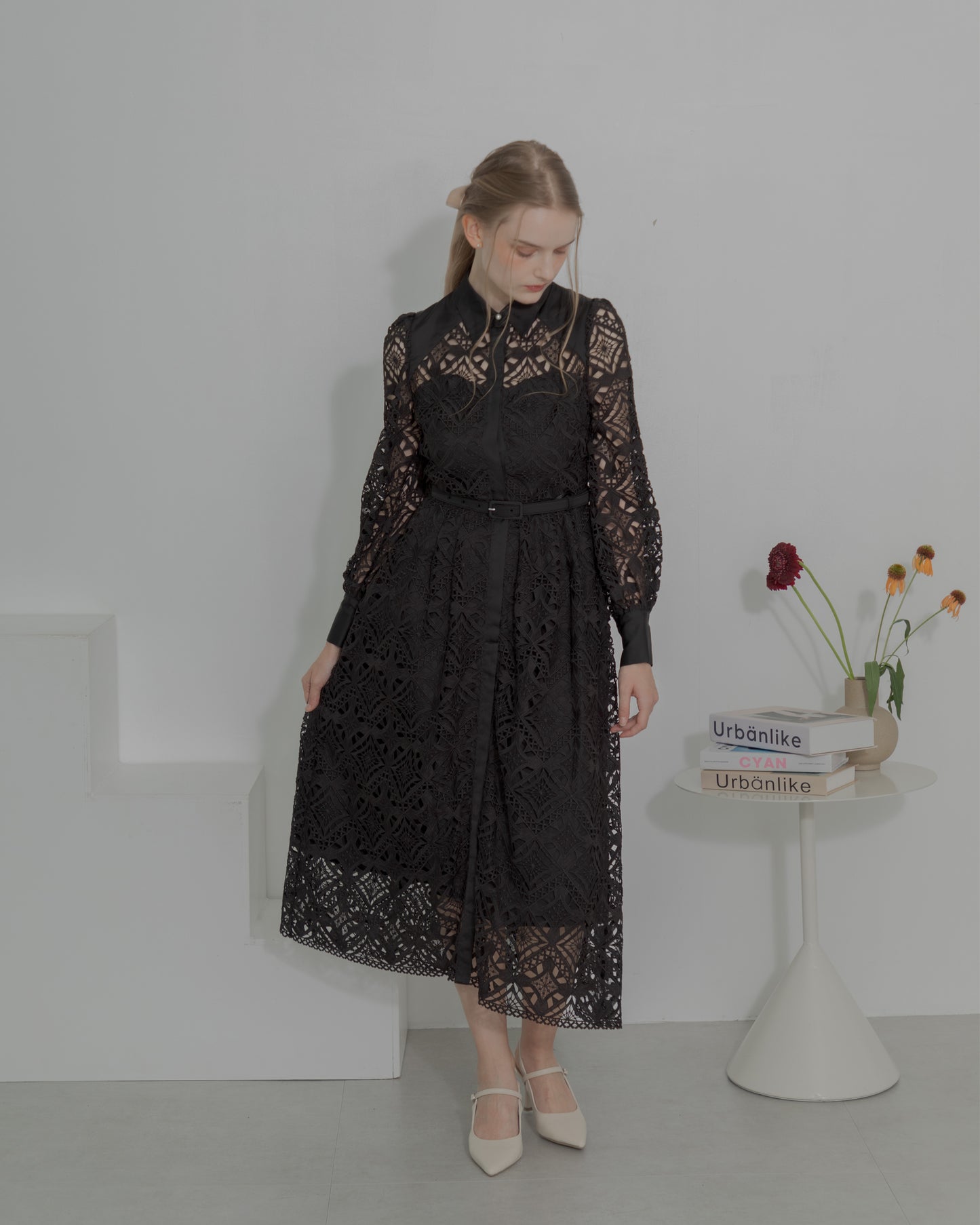 【20%OFF】Chemical lace satin shirt dress