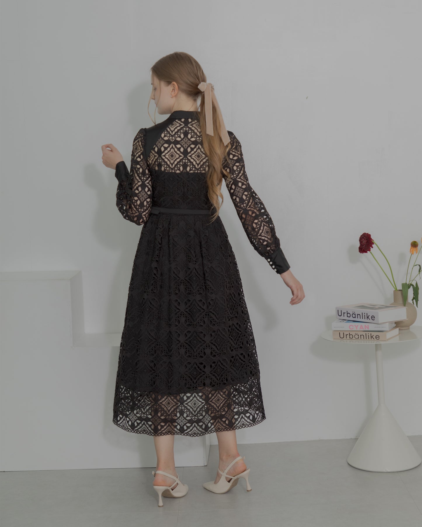 【20%OFF】Chemical lace satin shirt dress