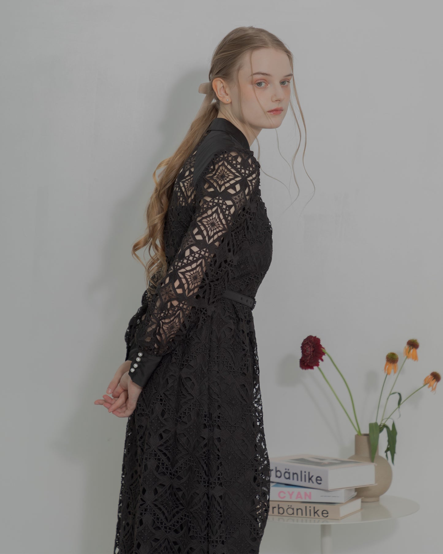 【20%OFF】Chemical lace satin shirt dress