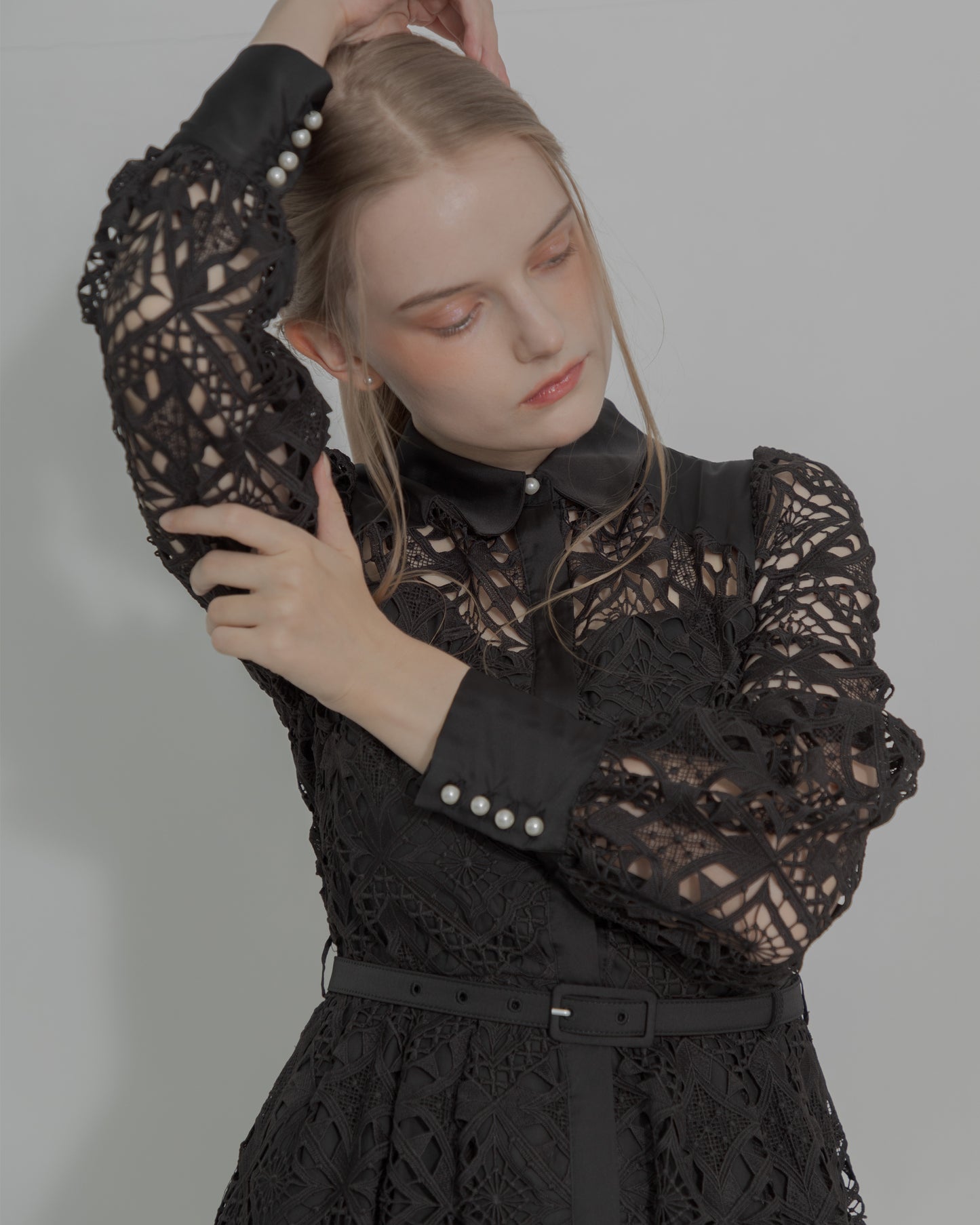 【20%OFF】Chemical lace satin shirt dress