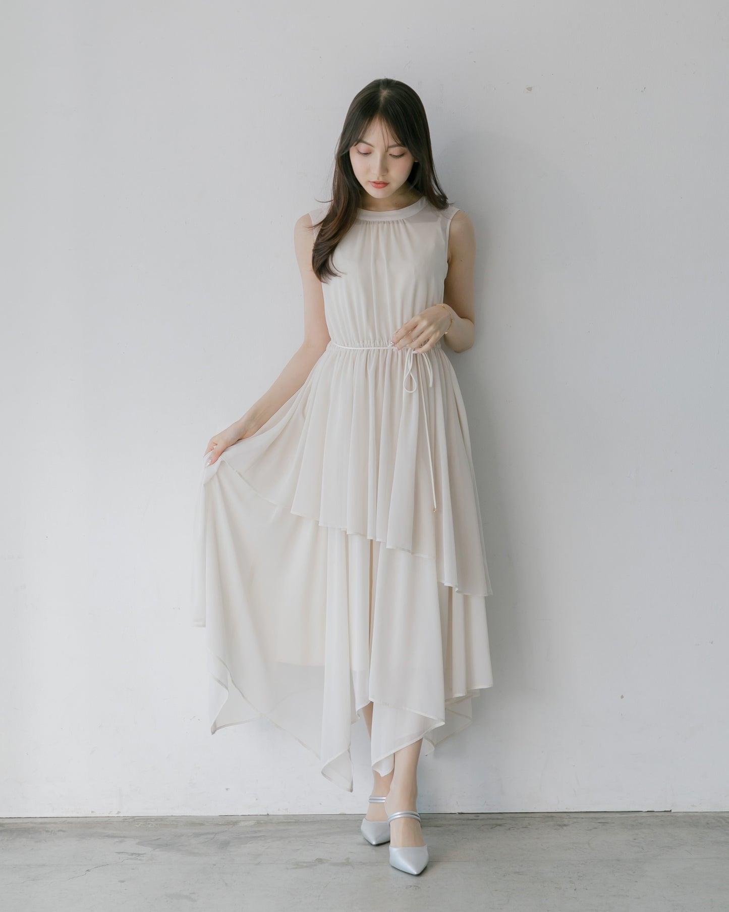 【アイボリー/予約販売】ノースリーブシフォンギャザーワンピース