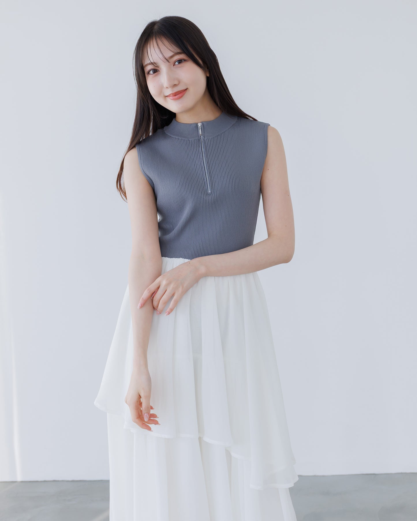 【NEW】ドッキングニットシフォンギャザーワンピース