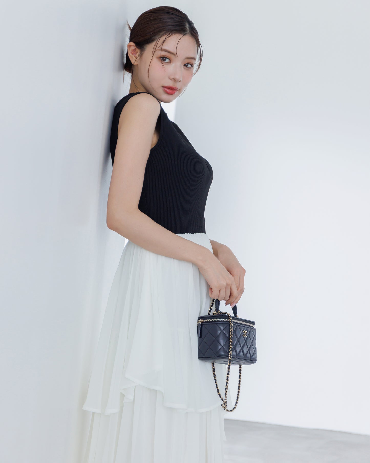 【予約販売】ドッキングニットシフォンギャザーワンピース