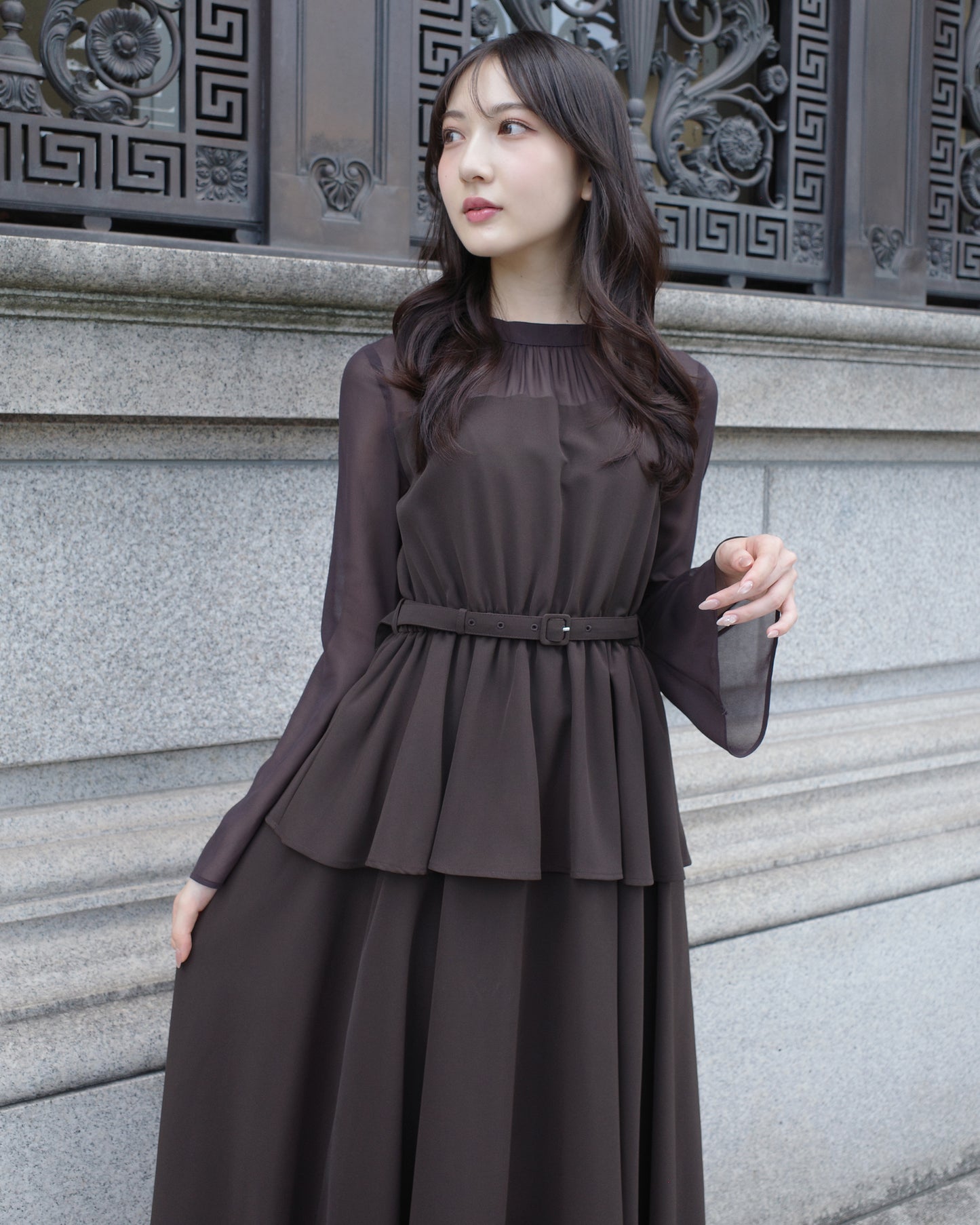【NEW ARRIVAL】ペプラムシフォンボリュームワンピース