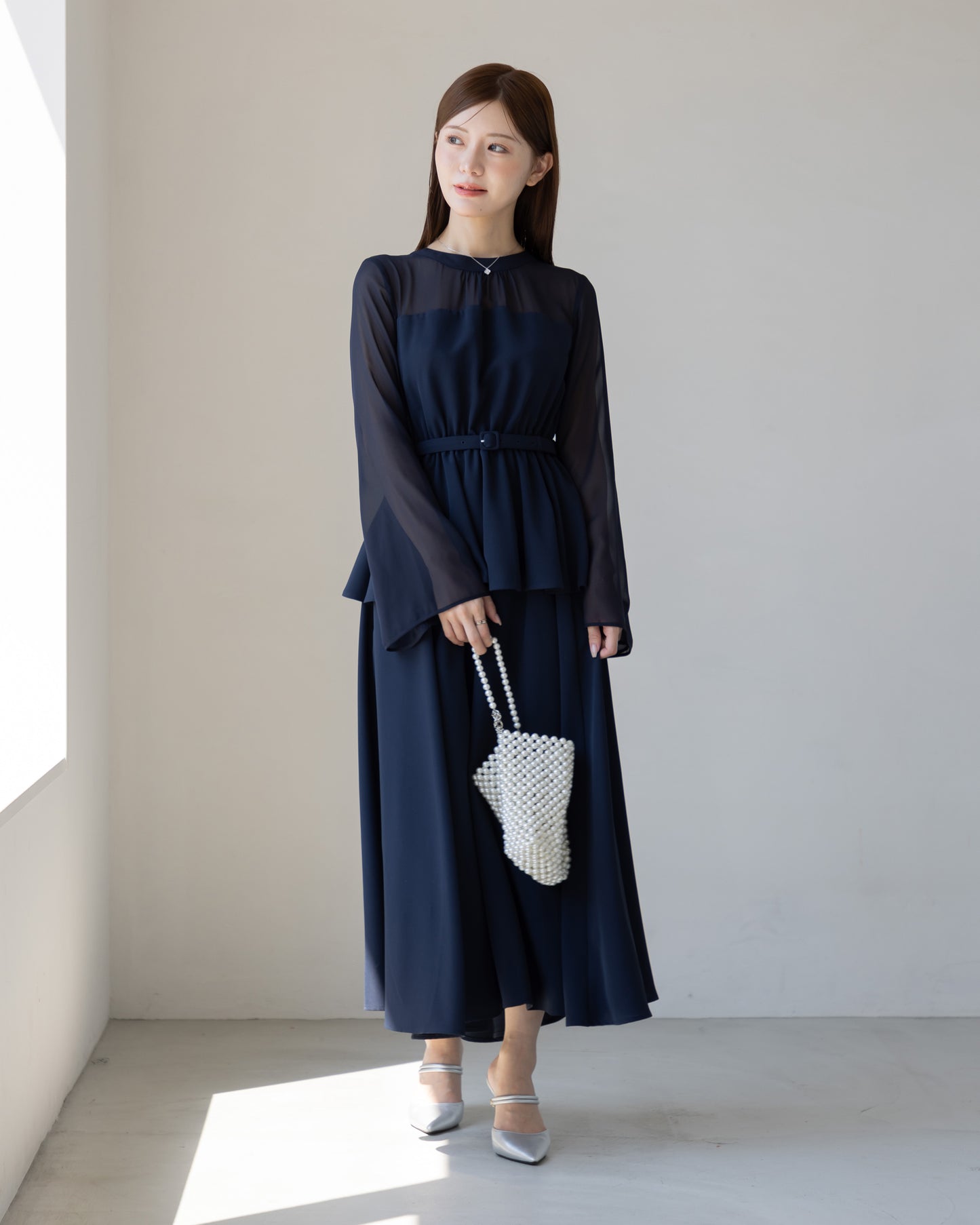 【NEW ARRIVAL】ペプラムシフォンボリュームワンピース