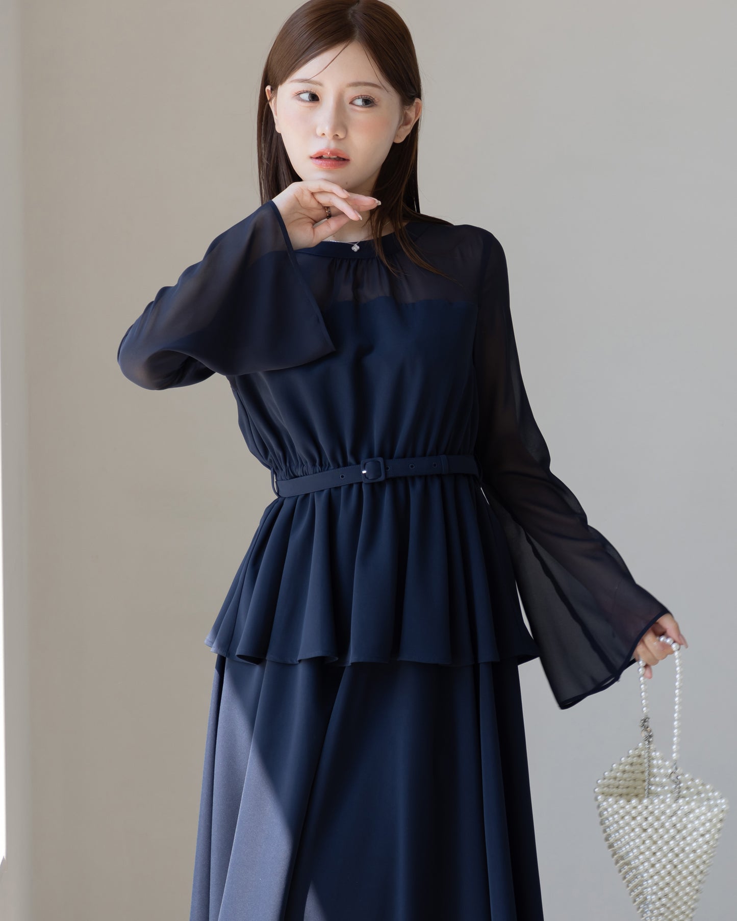 【NEW ARRIVAL】ペプラムシフォンボリュームワンピース