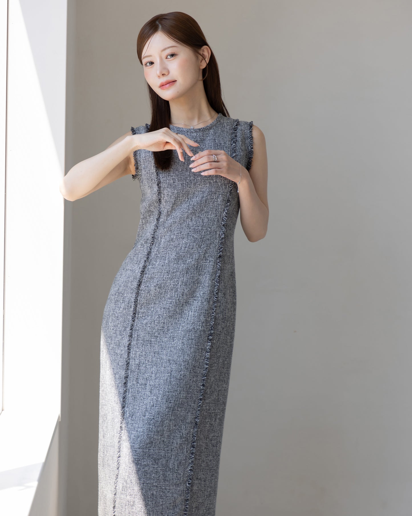 【AUTUMN ITEM】ノースリーブツイードフリンジワンピース