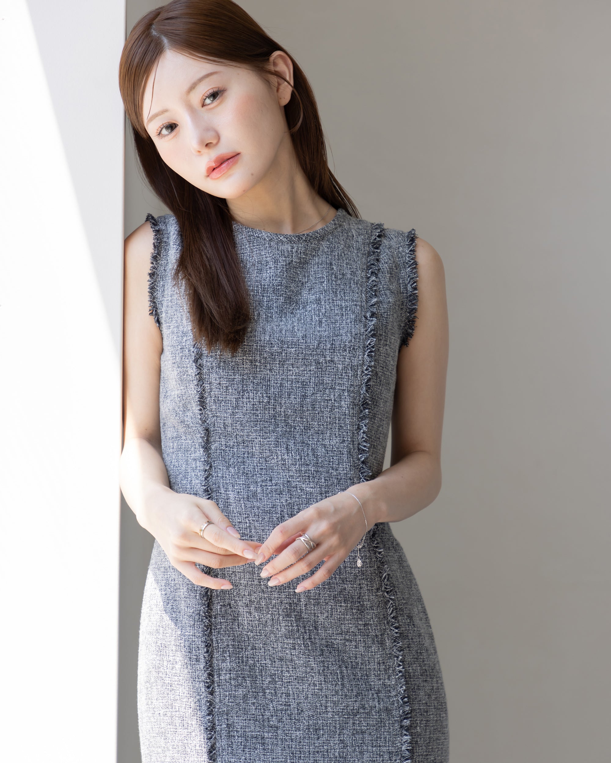 BLACK FRIDAY -15%OFF】ノースリーブツイードフリンジワンピース – La lune