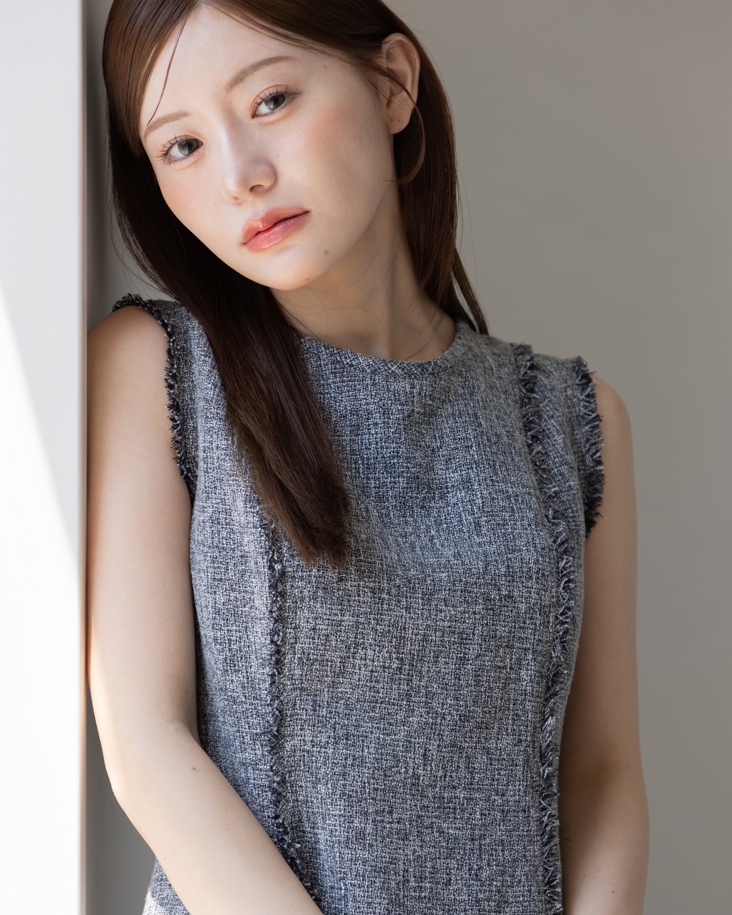 【AUTUMN ITEM】ノースリーブツイードフリンジワンピース