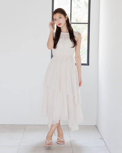 【アイボリー/予約販売】ノースリーブシフォンギャザーワンピース
