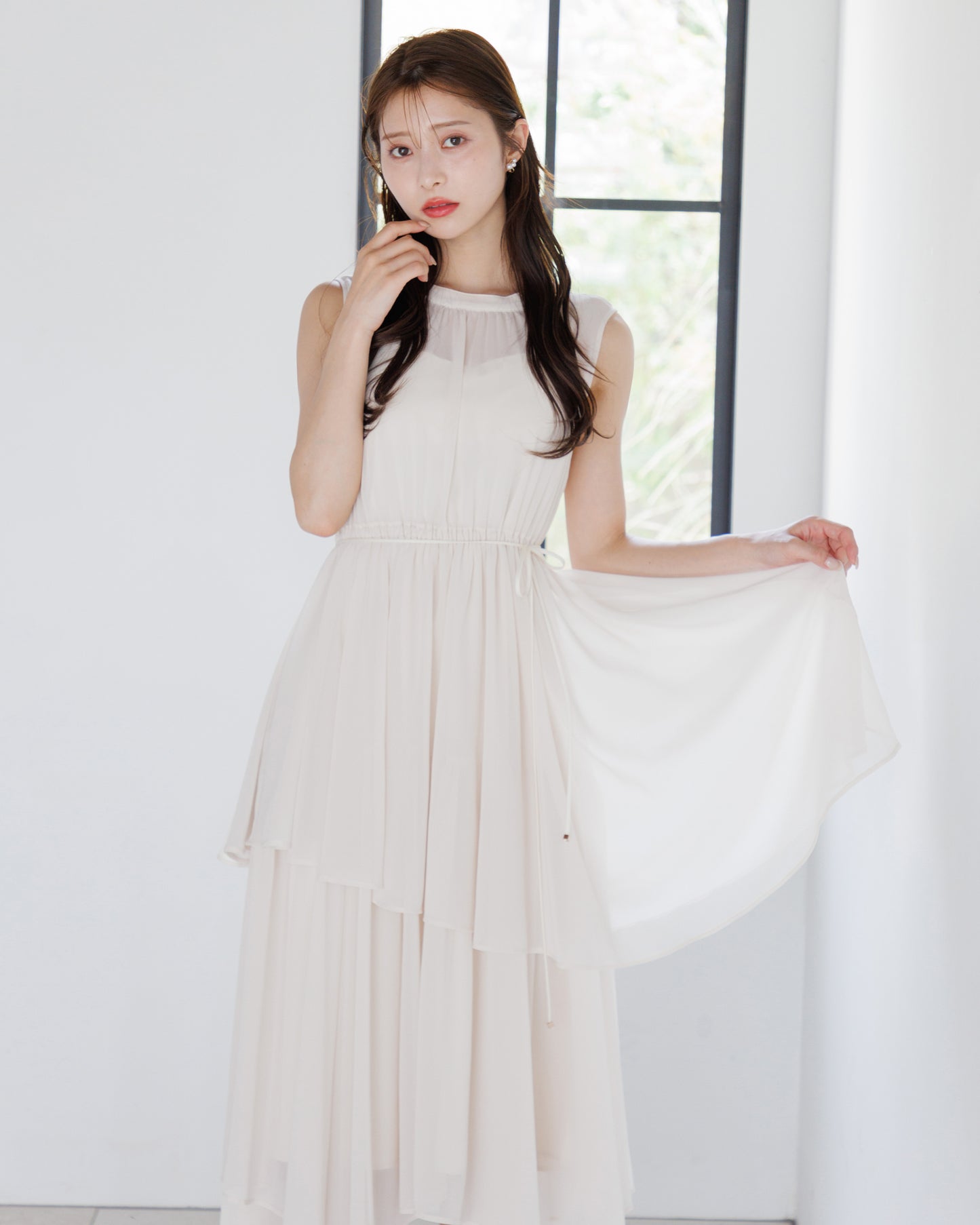 【アイボリー/予約販売】ノースリーブシフォンギャザーワンピース