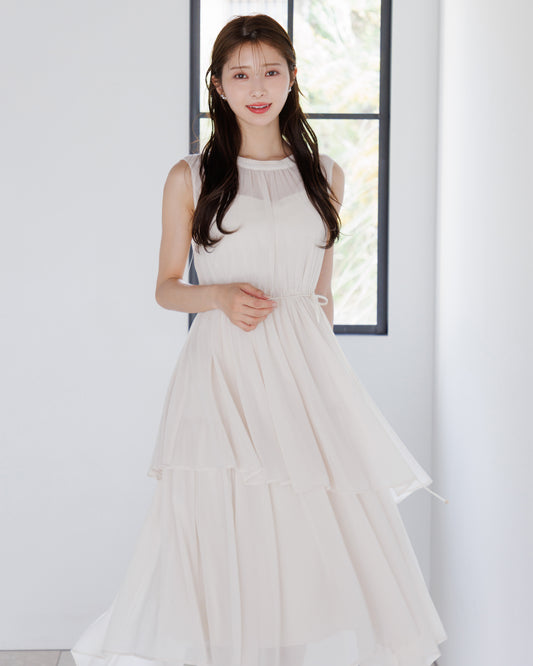 【アイボリー/予約販売】ノースリーブシフォンギャザーワンピース