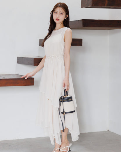 【アイボリー/予約販売】ノースリーブシフォンギャザーワンピース