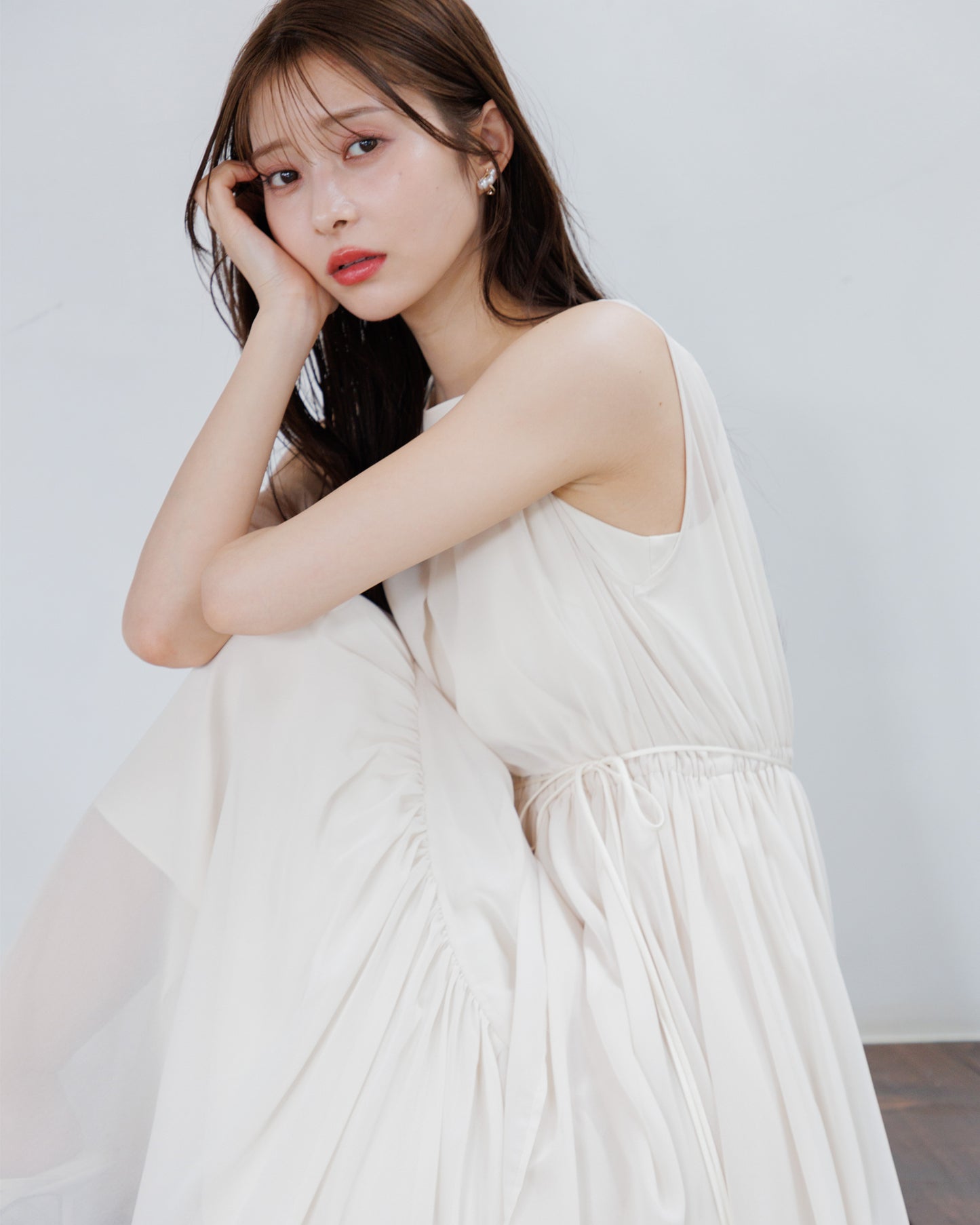 【アイボリー/予約販売】ノースリーブシフォンギャザーワンピース