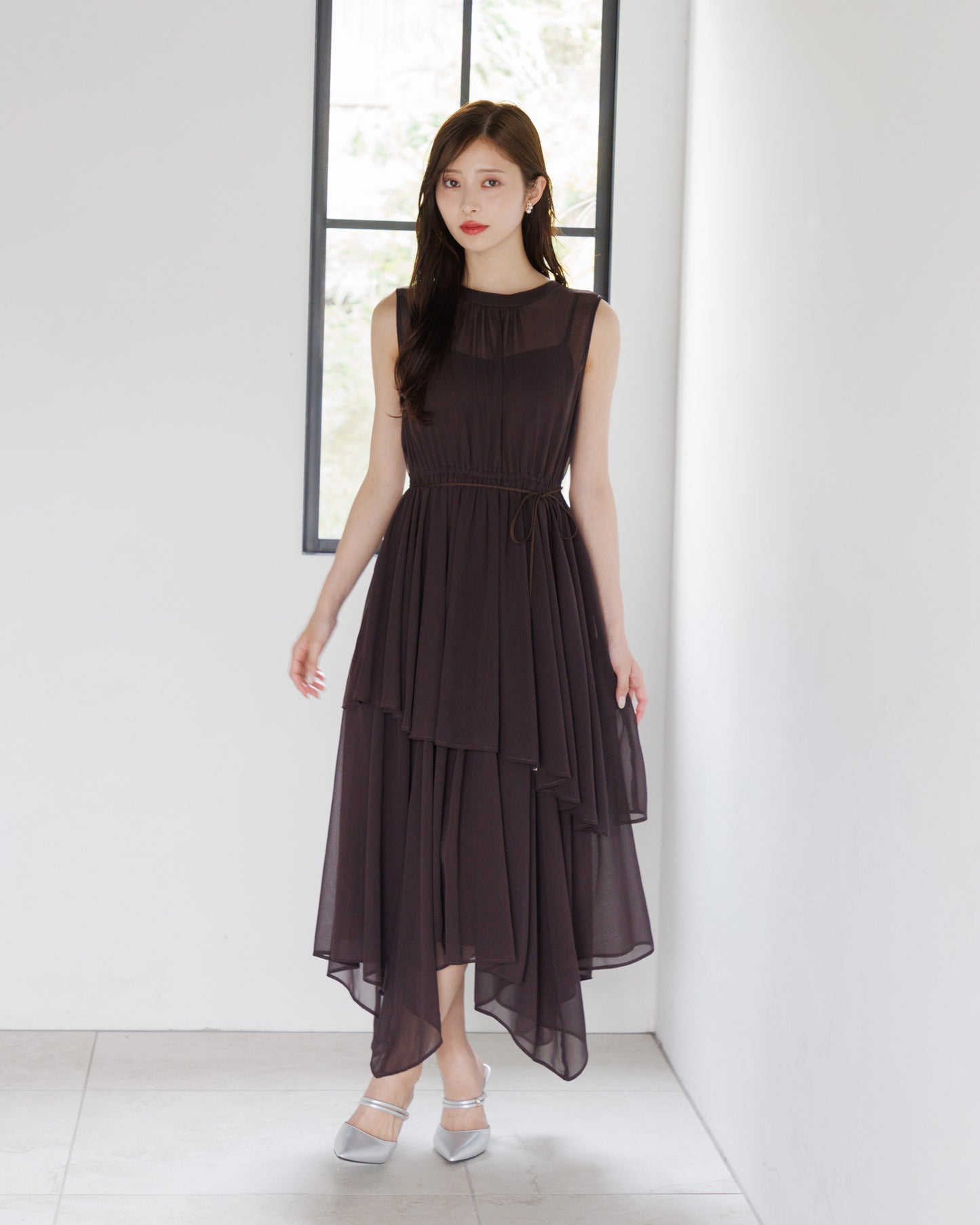 【アイボリー/予約販売】ノースリーブシフォンギャザーワンピース