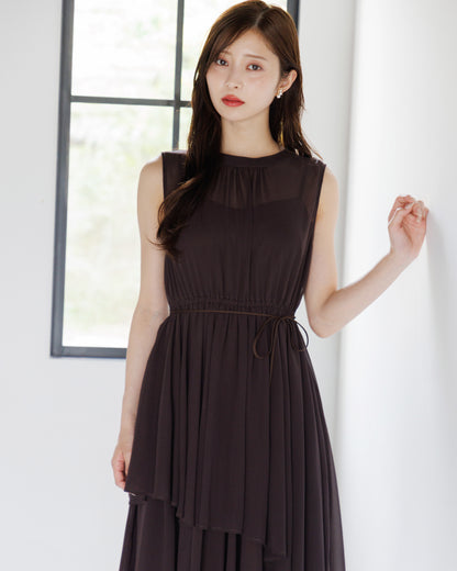 【アイボリー/予約販売】ノースリーブシフォンギャザーワンピース