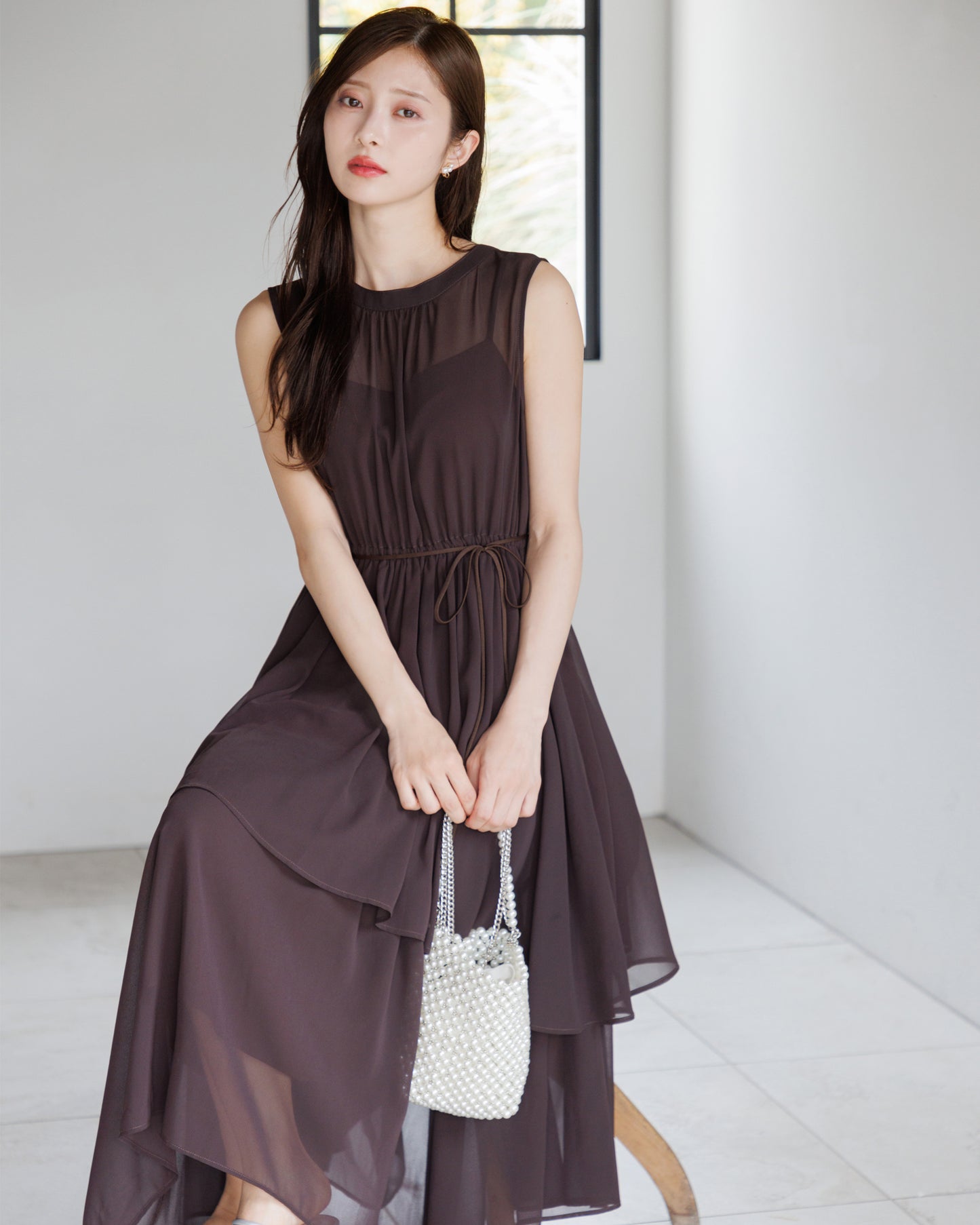 【アイボリー/予約販売】ノースリーブシフォンギャザーワンピース