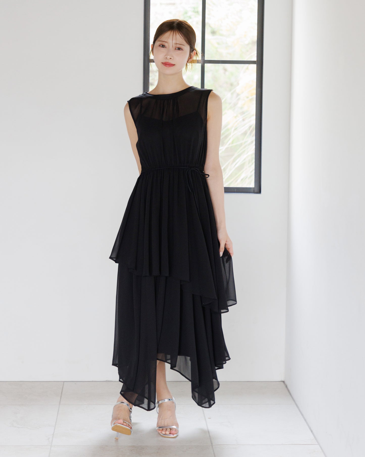 【アイボリー/予約販売】ノースリーブシフォンギャザーワンピース