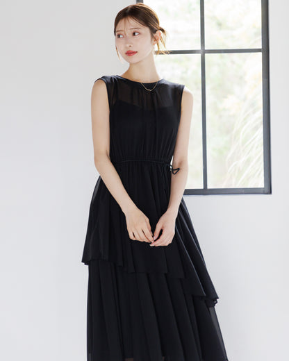 【アイボリー/予約販売】ノースリーブシフォンギャザーワンピース