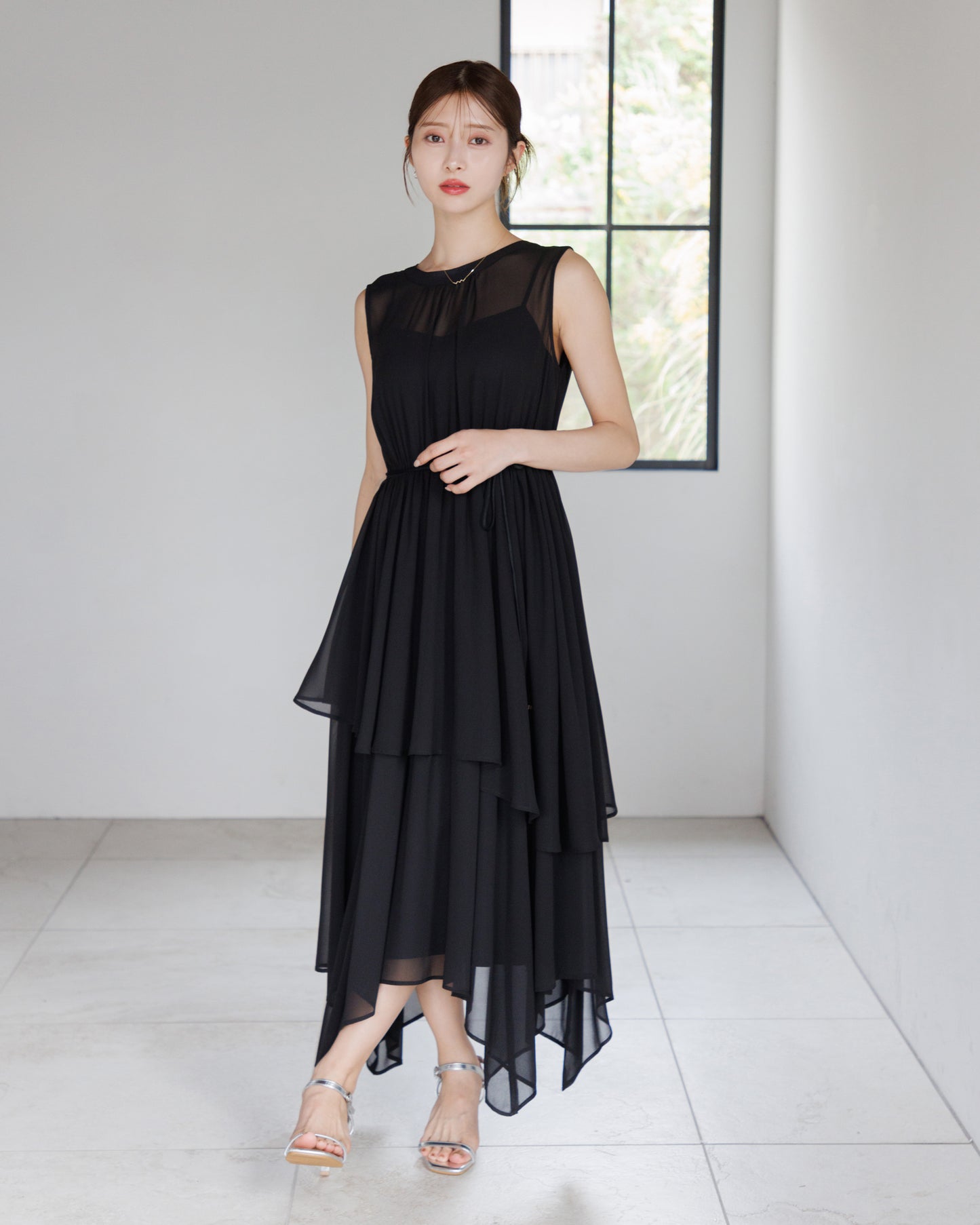 【アイボリー/予約販売】ノースリーブシフォンギャザーワンピース