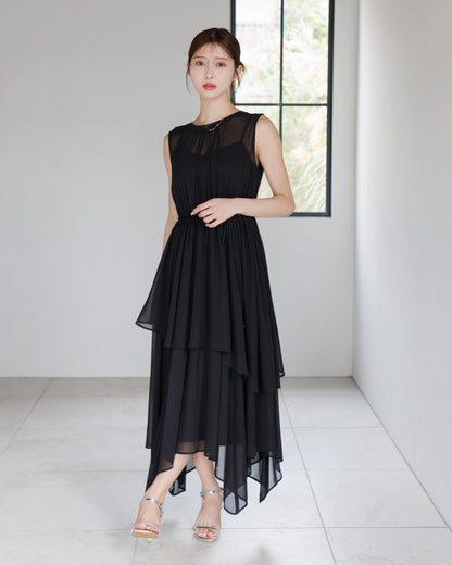 【アイボリー/予約販売】ノースリーブシフォンギャザーワンピース