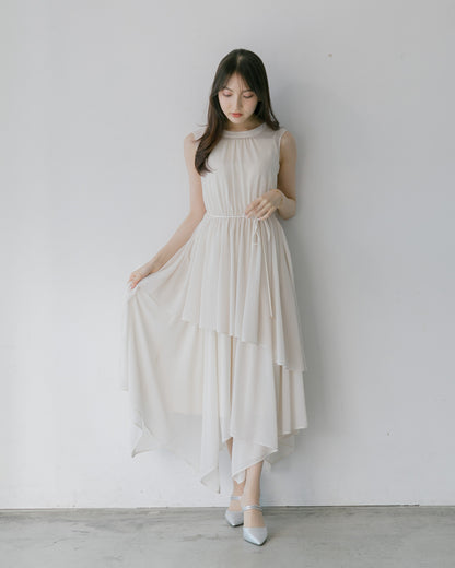 【アイボリー/予約販売】ノースリーブシフォンギャザーワンピース