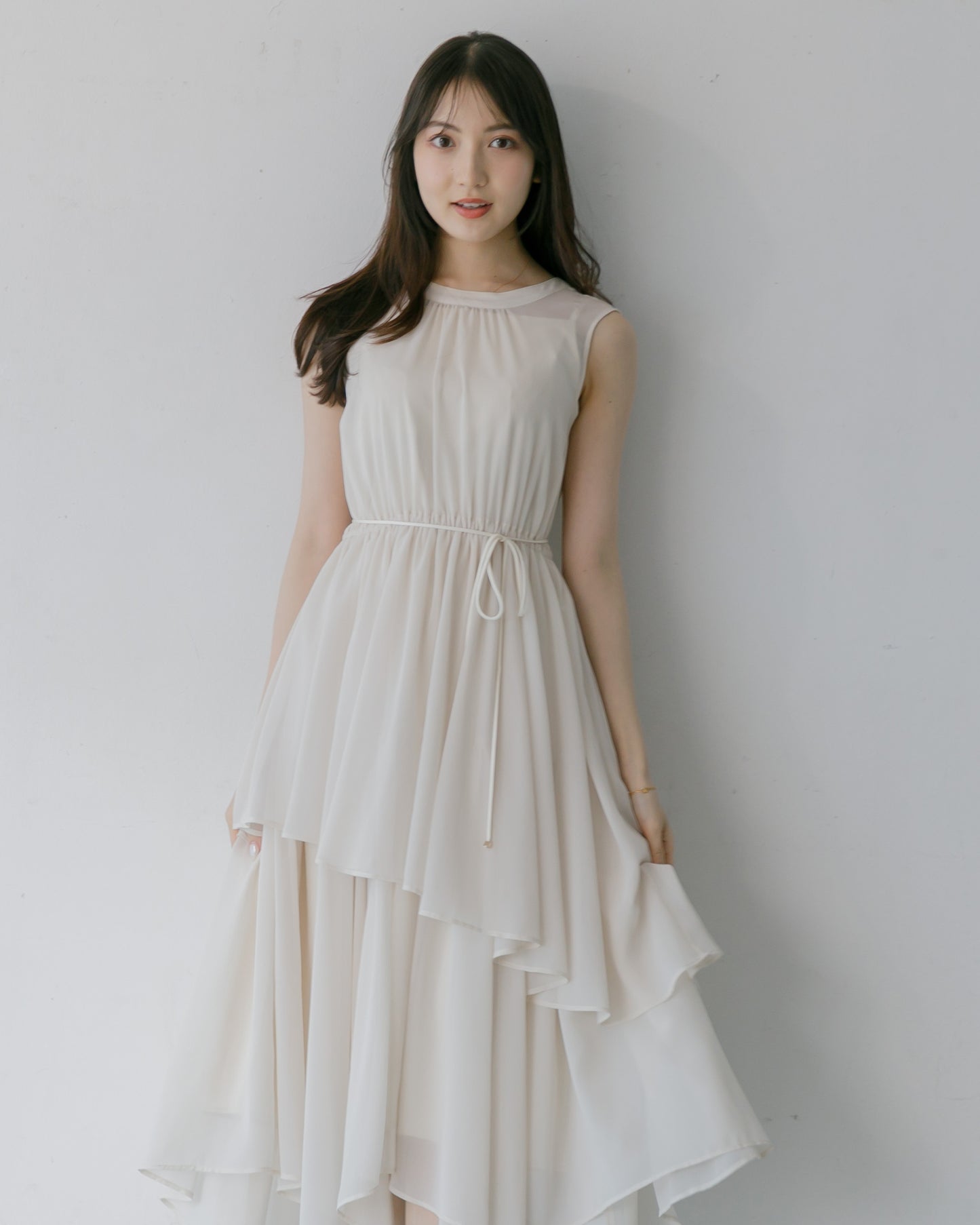【アイボリー/予約販売】ノースリーブシフォンギャザーワンピース