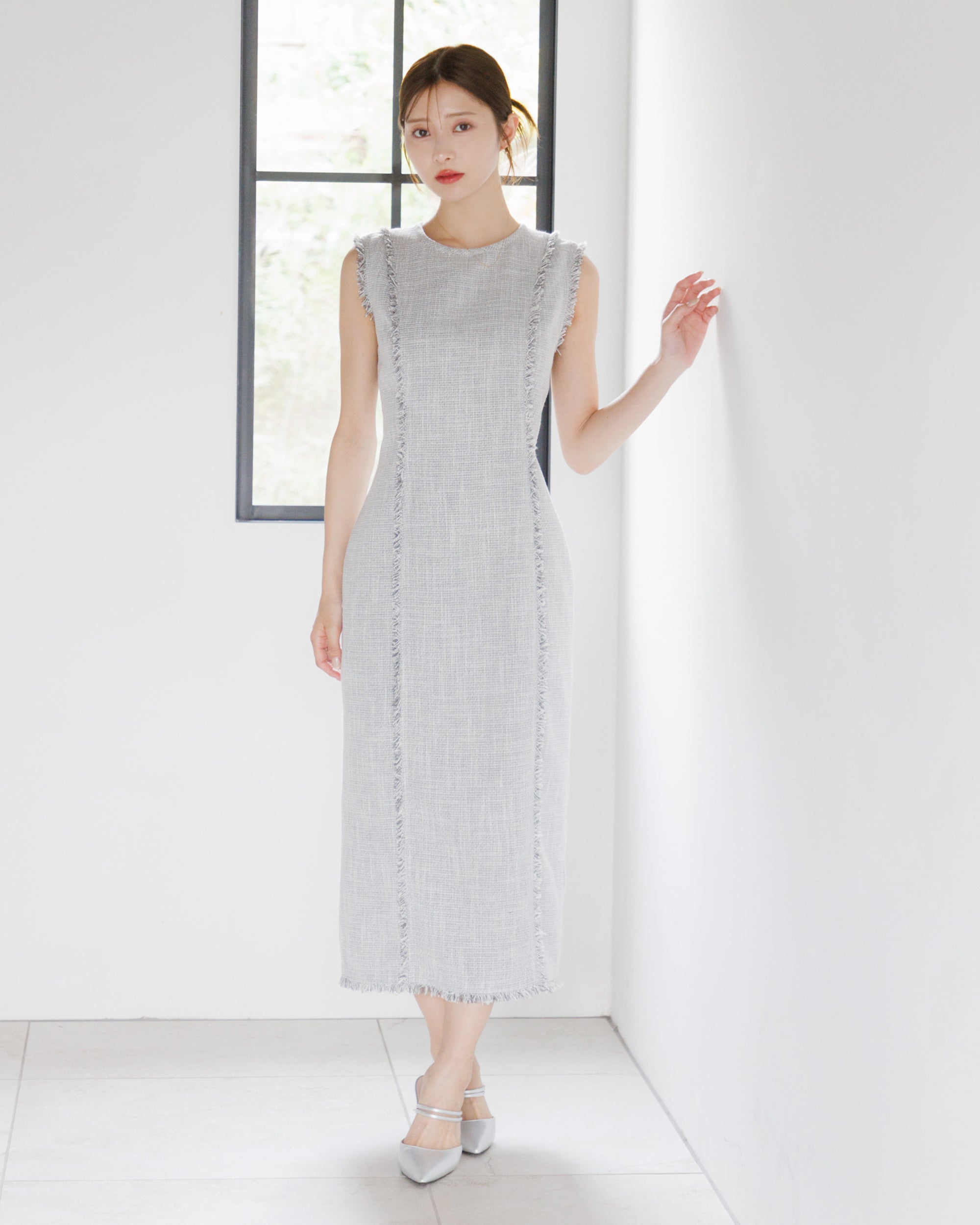 先行予約10%OFF】ノースリーブツイードフリンジワンピース – La lune
