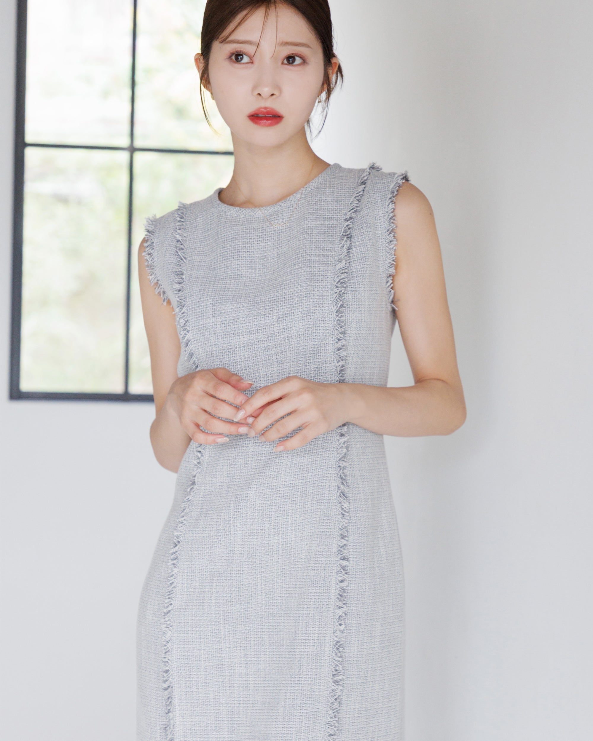 先行予約10%OFF】ノースリーブツイードフリンジワンピース – La lune