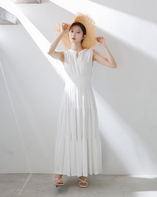 【ベージュ/予約販売】ノースリーブシャツティアードワンピース