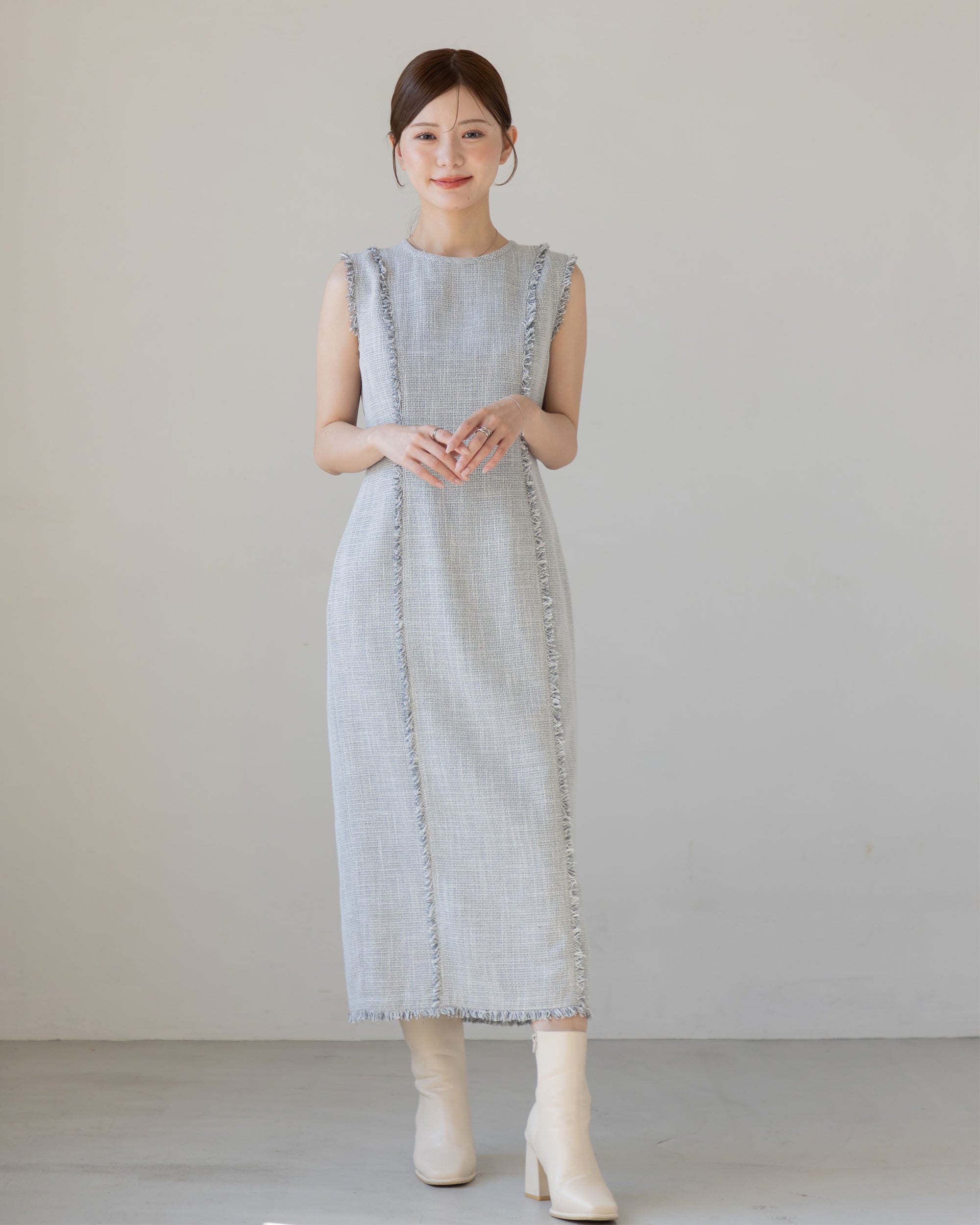 10%OFF】ノースリーブツイードフリンジワンピース – La lune
