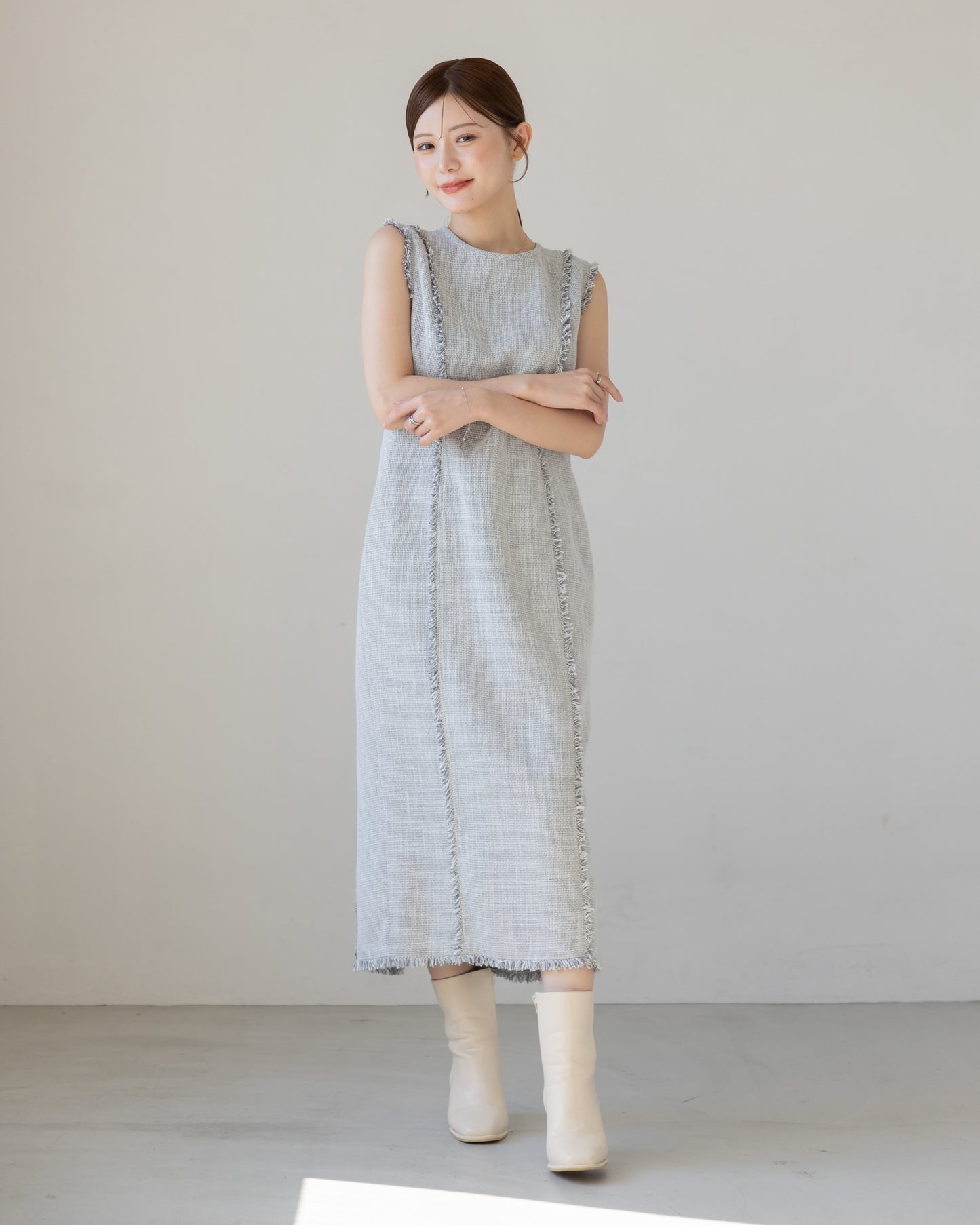 【AUTUMN ITEM】ノースリーブツイードフリンジワンピース