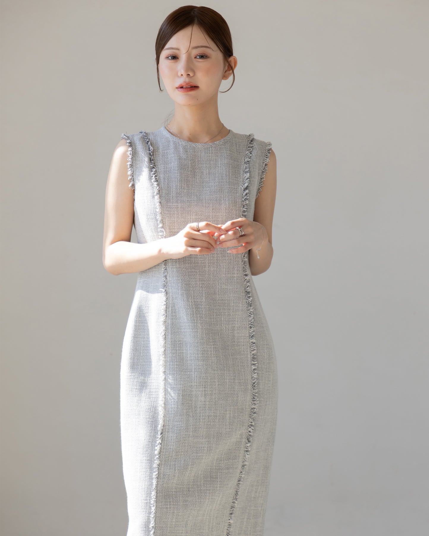 【AUTUMN ITEM】ノースリーブツイードフリンジワンピース