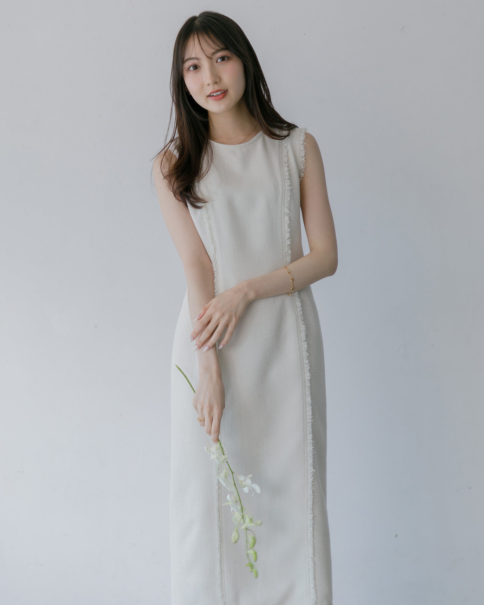 先行予約10%OFF】ノースリーブツイードフリンジワンピース – La lune