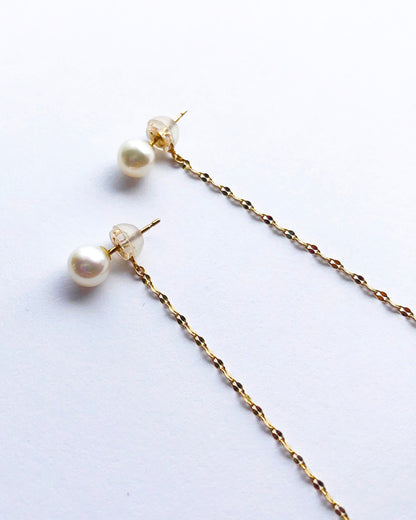 K10YG Round Pearl Pierces x Long Design Chain / Pair