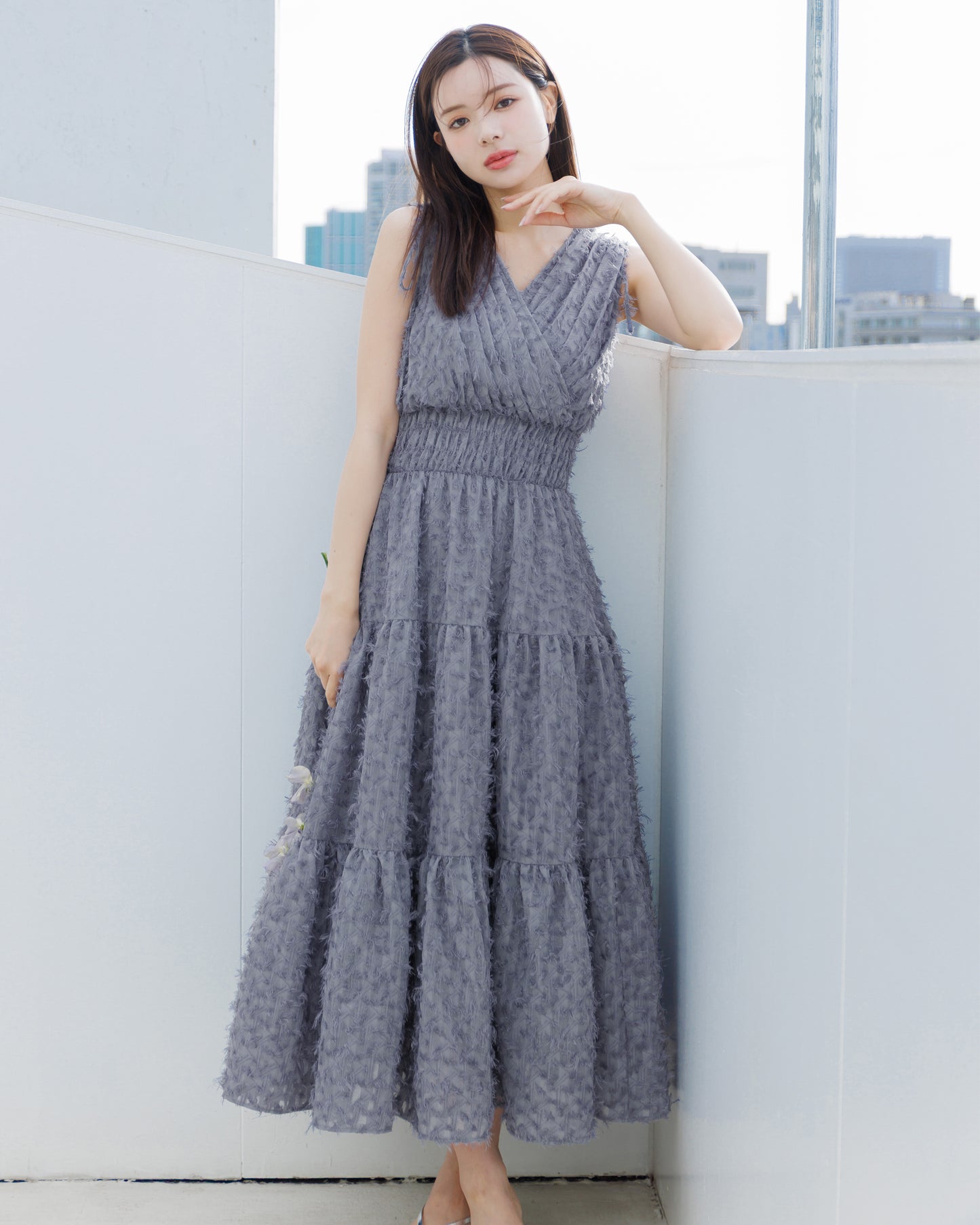 【NEW】ノースリーブフリンジジャガードワンピース