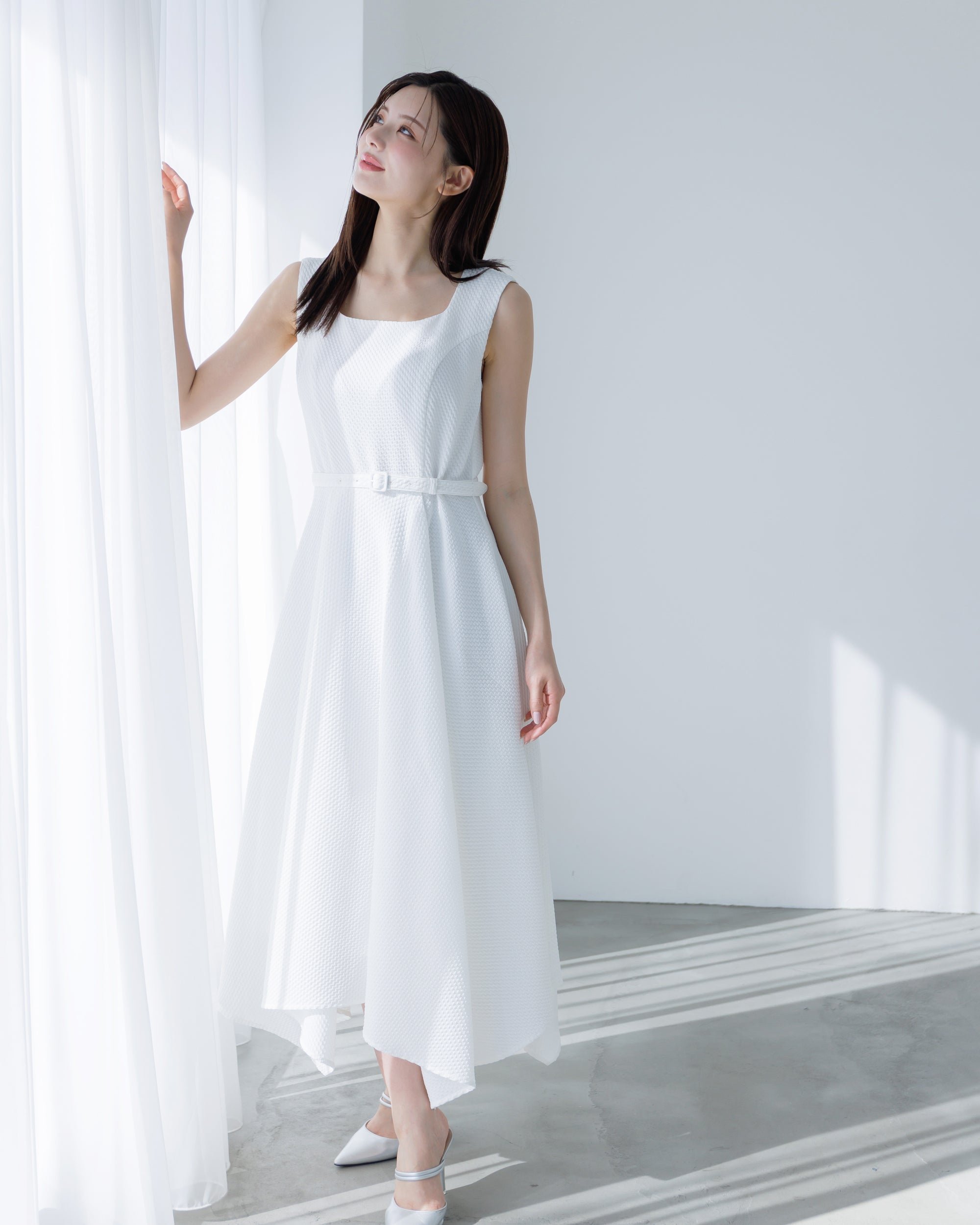 NEW】ノースリーブジャガードアシンメトリーワンピース – La lune