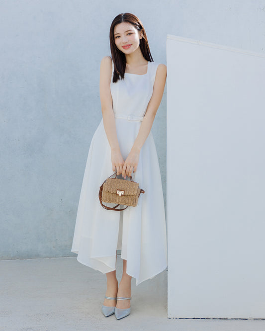 【予約販売】ノースリーブジャガードアシンメトリーワンピース