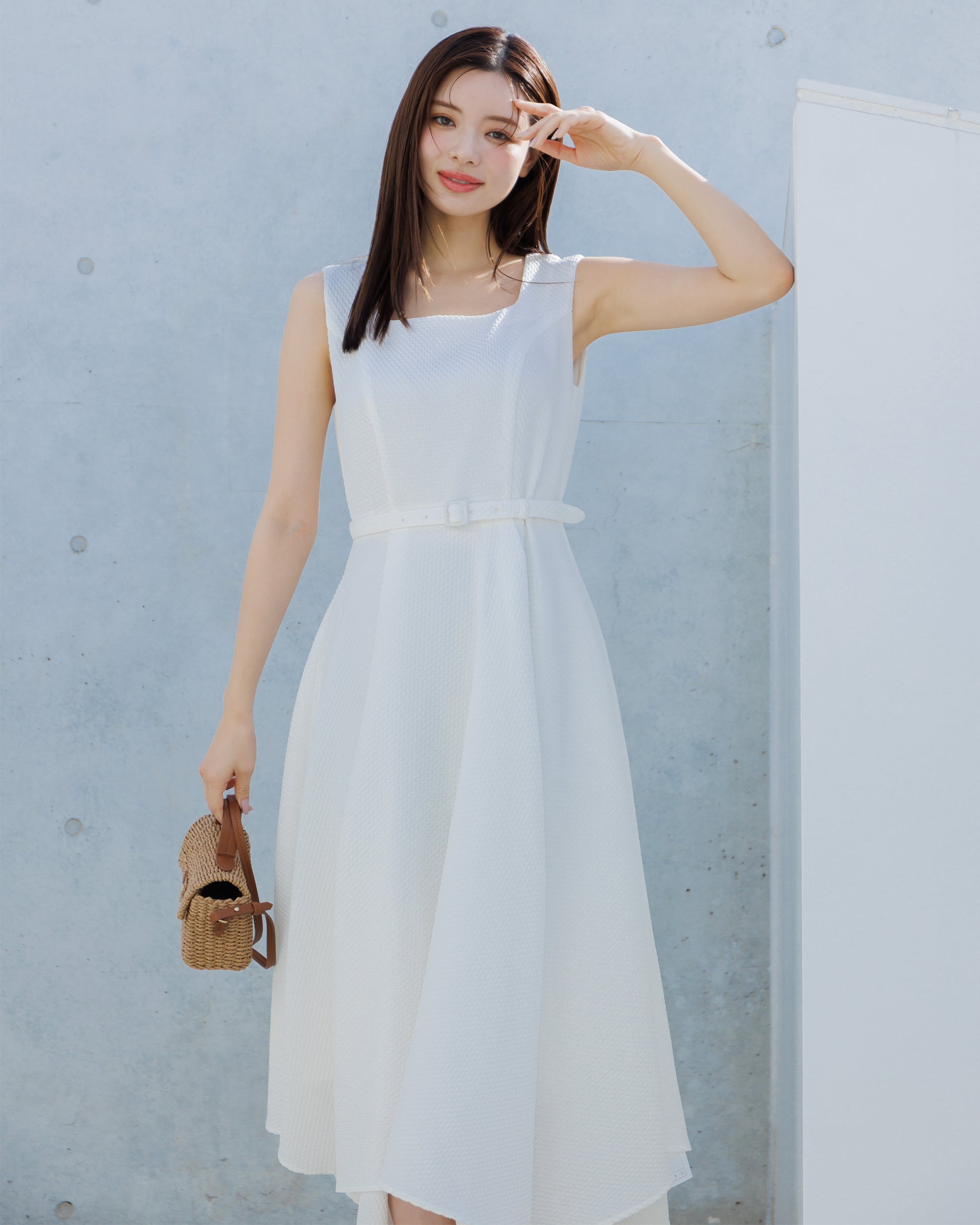 ポチ〜ENFOLD アシンメトリーノースリーブ白 NEW】ノースリーブジャガードアシンメトリーワンピース – La lune