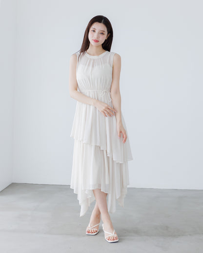 【10%OFF】ノースリーブシフォンギャザーワンピース