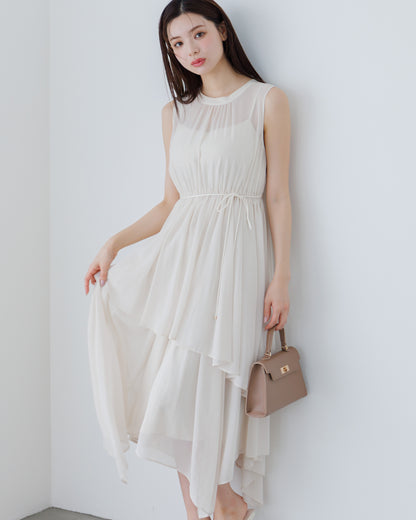 【10%OFF】ノースリーブシフォンギャザーワンピース